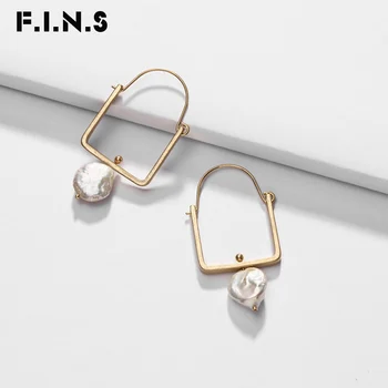 

F.I.N.S Korean Fashion Jewelry Gold Silver Color Square Drop Earring with Freshwater Pearl Pendant Dangle Earrings for Women