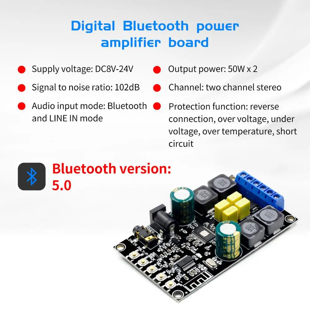 Bluetooth 5,0 Bluetooth цифровой усилитель для аудио платы питания двухканальный 50Wx2 Bluetooth усилитель