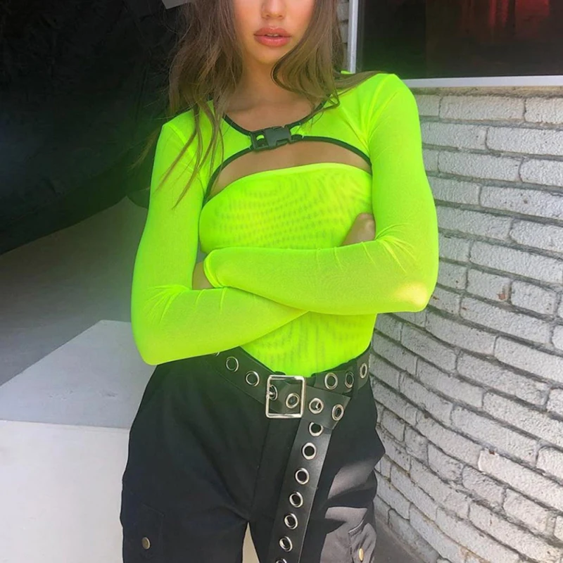 

2019 Sexy Skinny Hollow Mesh Women Long Sleeve Solid Fluorescent Cutout Bodysuits Party rompers Nightclub One Piece Bodysuit