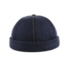 Осенне-зимняя мужская и женская вязаная шапка, Теплая Шапка-бини, морячок, кепка с манжетами без полей, Ретро стиль, темно-синяя Стильная шапочка, аксессуары