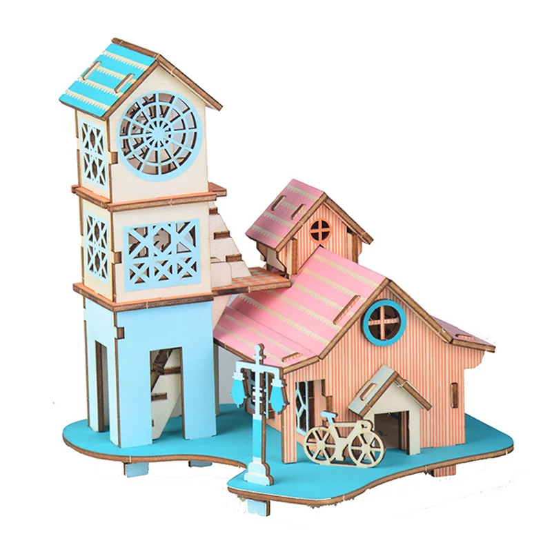 Assembly DIY Education Toy 3D Wooden Model Puzzles Colored Riverside Villa House 