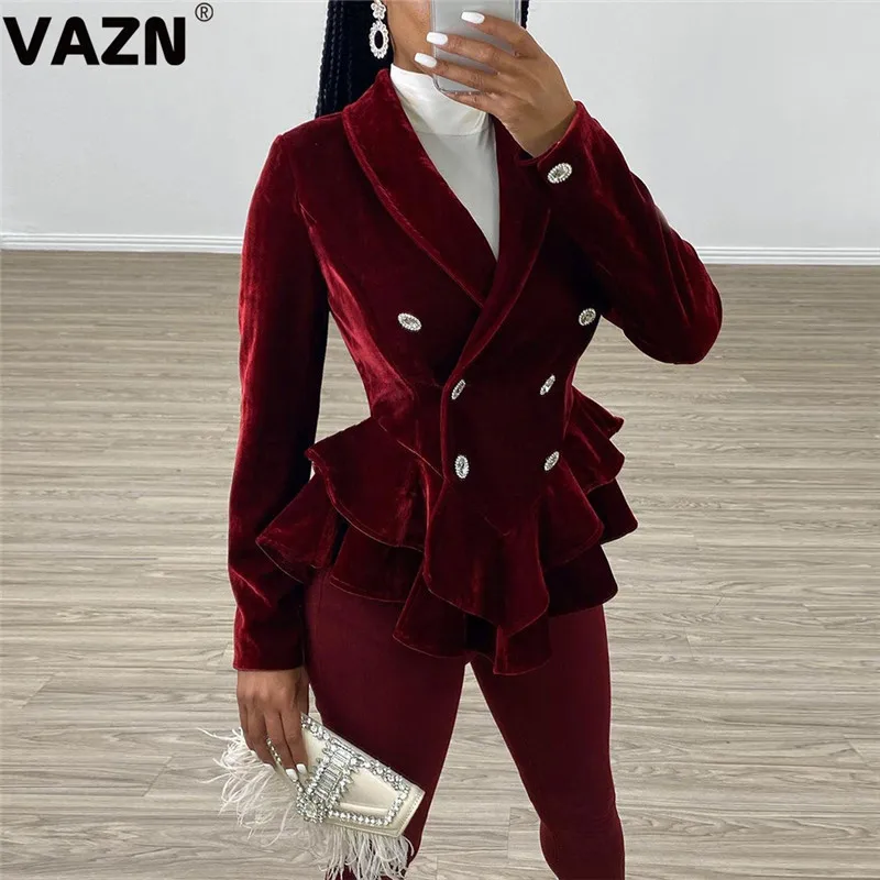 VAZN шикарные новые весенние сексуальные женские бордовые короткие однотонные пальто с длинным рукавом v-образным вырезом и пуговицами пальто с каскадными оборками велюровое пальто