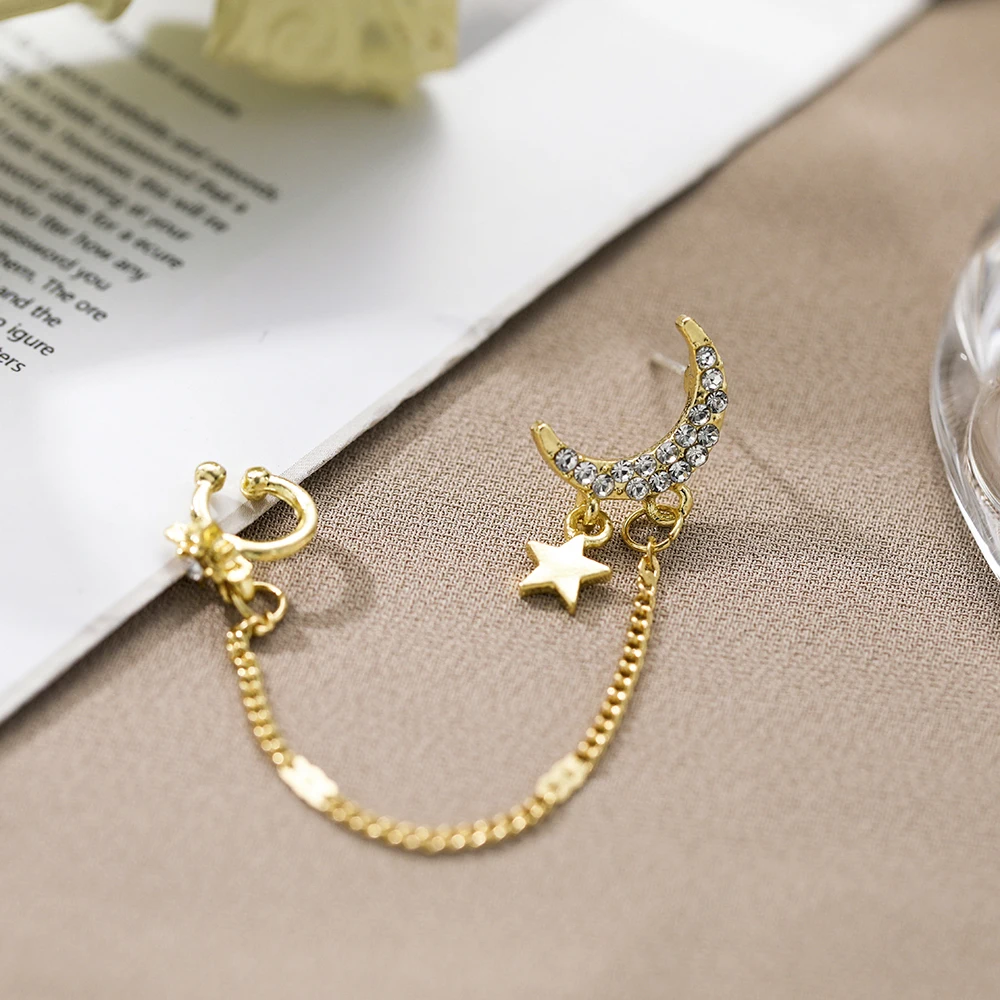 Gold Color Moon Star Clip Dangle Earrings Ear Clip For Women Simple Fake Cartilage Long Tassel Chain Ear Cuff Jewelry