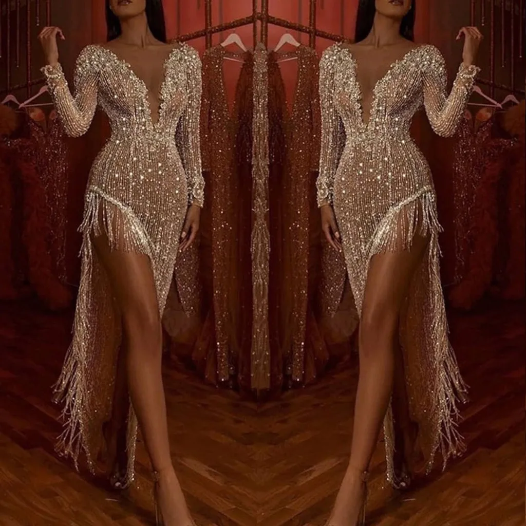 Сексуальное бальное платье с глубоким v-образным вырезом и блестками, вечернее платье с длинным рукавом и кисточками, женское платье Sukienki Vestidos ropa mujer Feminino