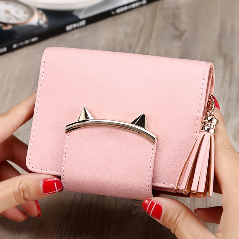 

2020 Cute Cat Ears Leather Vintage Tassel Women Wallet Luxury Brand Famous Short Mini Womens Wallets And Purses For Credit Cards