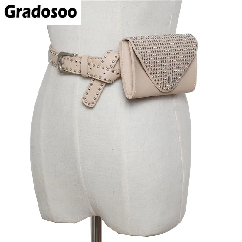 

Gradosoo PU Leather Mini-bag Waist Pack Female Punk Rivet Split Belt Fanny Pack Women Fashion Travel Money Coin HandBag LBF379