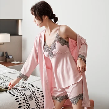 

Female 3PCS Sleep Set Silky Satin Nightgown Kimono Bathrobe Gown Sexy Lace Nightdress Intimate Lingerie Sleepwear Home Clothes