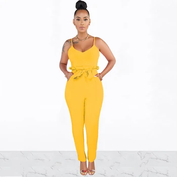 

Women Sexy Solid Spaghetti Strap Sleeveless 3 Colors Full Length V-Neck Skinny Romper Sleeveless Tracksuit Jumpsuit With Sashes