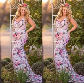 

Strapless Strapless Casual Pregnant Women's Dresses Digital Printing V-neck Sling Flower Photo Maternity Dress