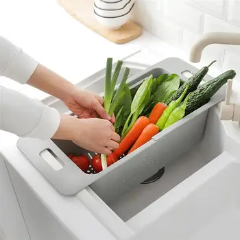 

1PC Washing Sink Basket Retractable Hollow Out Plastic Vegetable Colander Washing Basket Fruit Strainer for Kitchen Storage