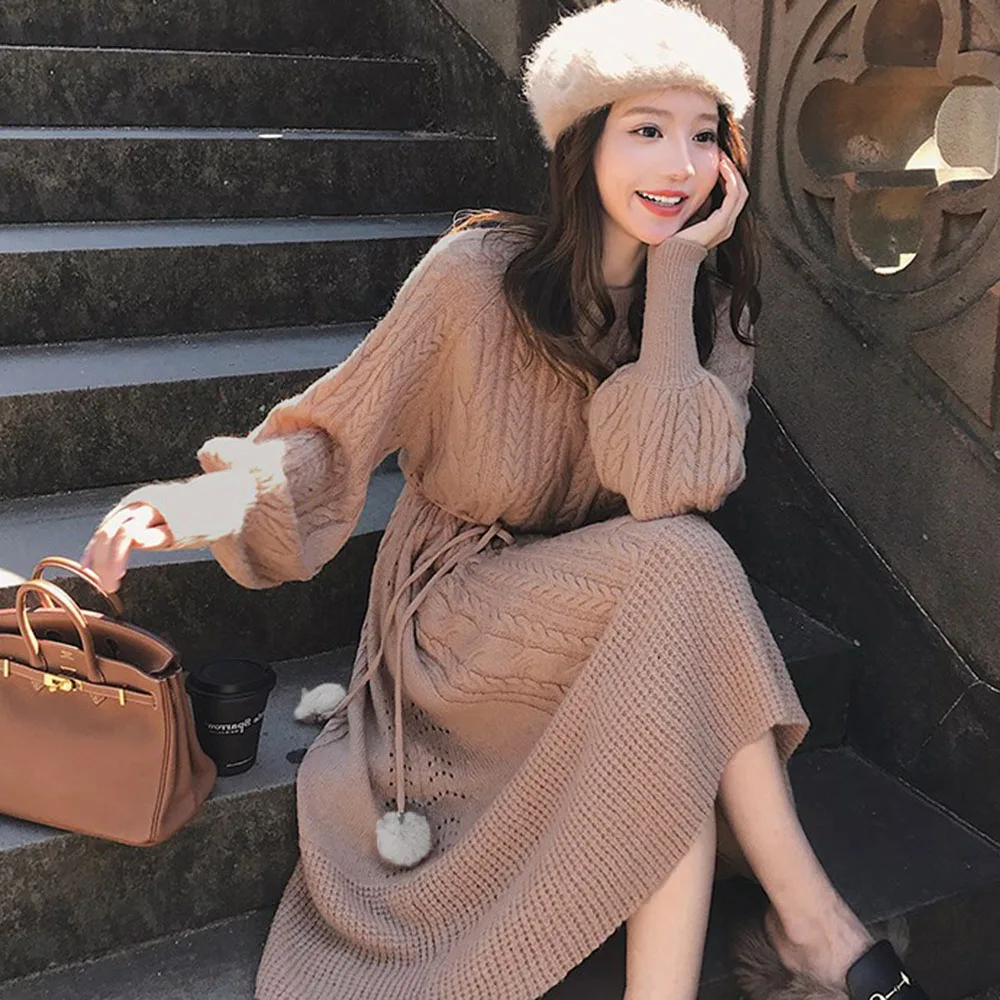 

Korean Sweater Dress Women 2019 Winter Elegant Autumn Street Trips Warm Knitted Dresses Elegant Vestidos Causal Sweet Retro Robe