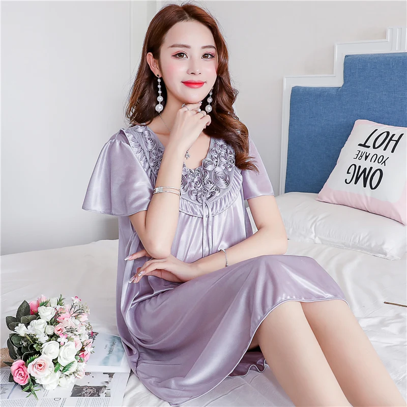 Short Sleeve Rose Flower Applique Sleep Dress Female Lady Long Nightdress Gowns Lingerie Silk Sleepdress Fancy Nightshirts Women