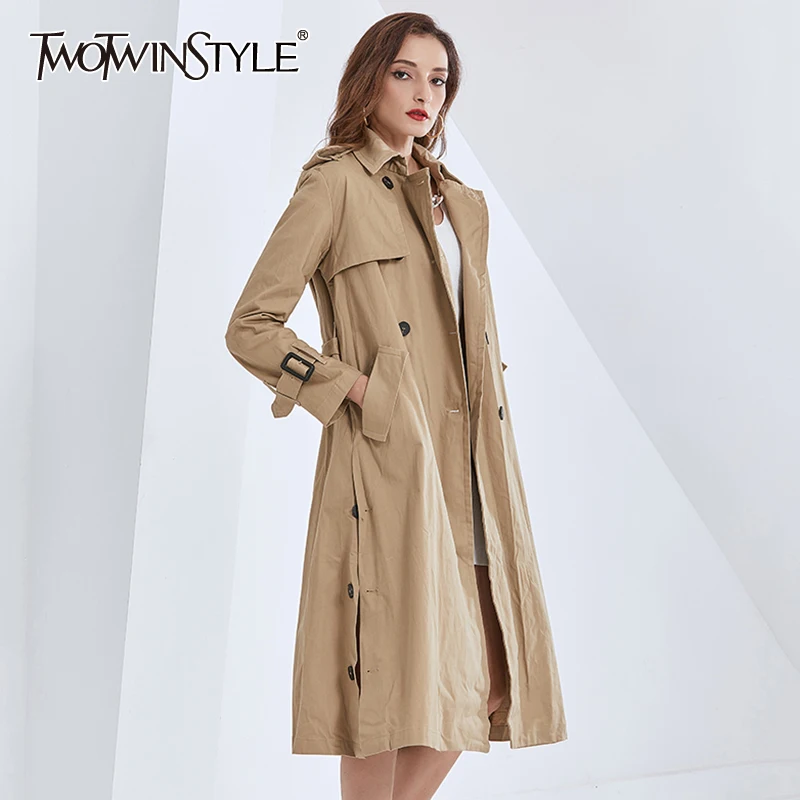 

TWOTWINSTYLE Khaki Windbreaker For Women Lapel Collar Long Sleeve Letter Print Designer Windbreakers Female 2020 Fashion Clothes