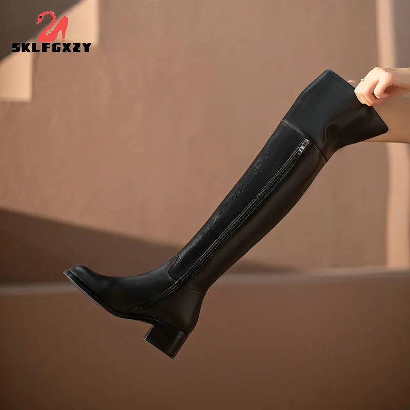 

Winter Thick Heels Women Over-The-Knee Boots Genuine Leather Fashion Concise Party Casual Splicing Shoes Woman