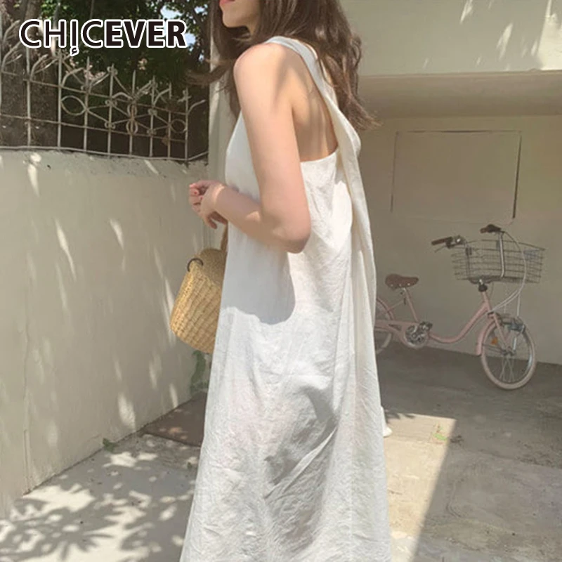 CHICEVER/корейское Белое Женское платье с квадратным вырезом, без рукавов, с открытой спиной, крестообразные Свободные повседневные платья для женщин, летняя мода, новинка