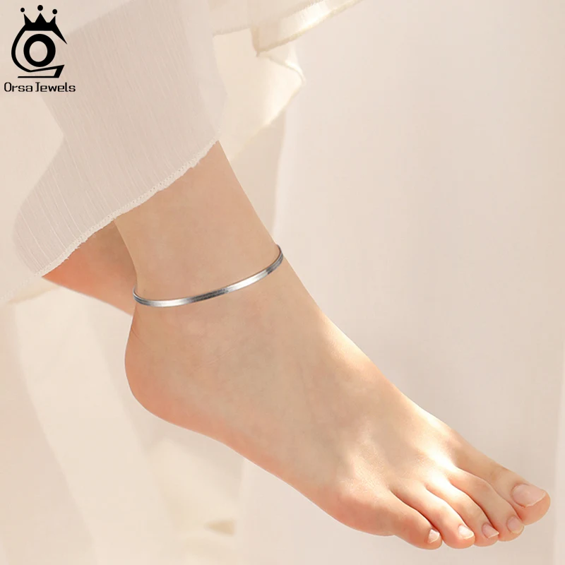 ORSA JEWELS Real 925 Sterling Silver Snake Chain Anklet 3.5mm Flat Herringbone Chain Foot Anklets Dainty Beach Accessories SA12