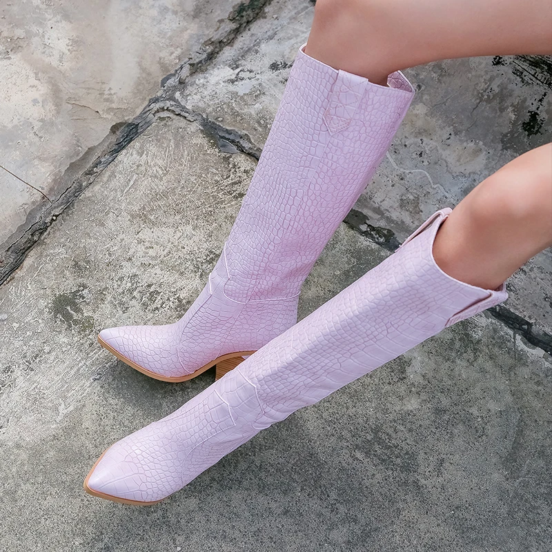 Женские сапоги до колена; большие размеры 22-28 см; высокие сапоги; многоцветный камень; женские зимние сапоги с узором; женские сапоги на очень высоком каблуке - Цвет: pink