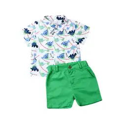 2019 для малышей, комплект одежды для маленьких мальчиков летние шорты с длинными рукавами рубашка с динозаврами Топы зеленые шорты Пляжный