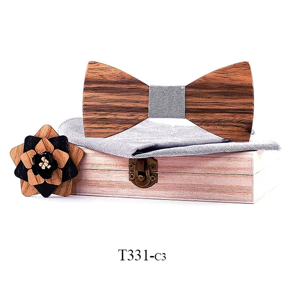 Деревянный дизайн натуральный деревянный галстук-бабочка изысканная ручная работа Мужская брошь-бант булавка деревянная Подарочная коробка набор для свадьбы - Цвет: T331-C3