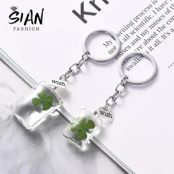 

SIAN Lucky Four Leaf Clover Glass Keychain 3 Styles Natural Green Clover Exquisite Alloy Key Chain for Friends Birthday Jewelry