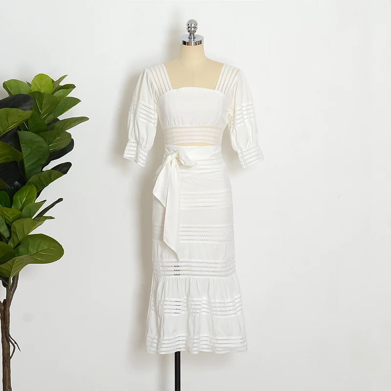 Zimm стиль белый выдалбливают комплект из двух предметов для женщин Винтажный буф рукав топ+ высокая талия миди юбка комплект из двух предметов
