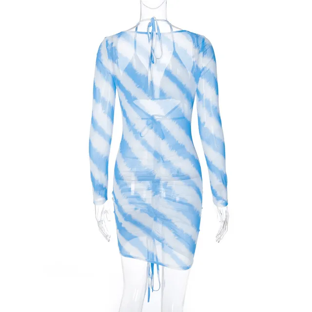 Hugcitar 2020 mesh see-through long sleeve 2 pieces bra mini dress ruched bandage autumn winter women streetwear outfit swimwear 6
