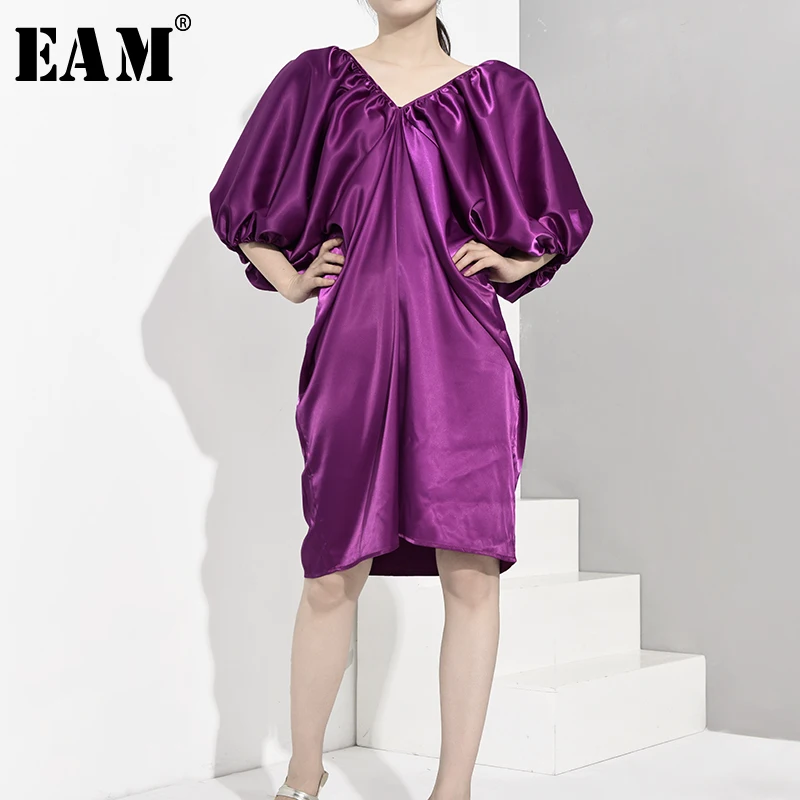 

[EAM] Women Pleated Big Size Elegant Dress New V- Neck Three-quarter Sleeve Loose Fit Fashion Tide Spring Autumn 2019 JG3111