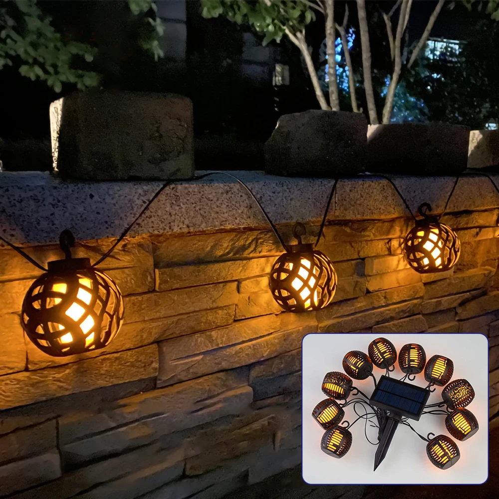 

Solar Outdoor Christmas Light Garland LED Retro Flickering Flame Ball String Light Hanging Lantern For Wedding Garden Tree Decor