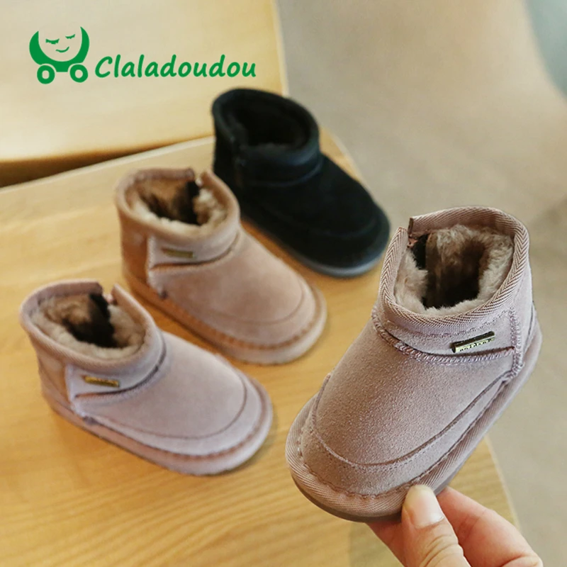 Claladoudou/12-15,5 см; брендовые зимние плюшевые ботинки для маленьких девочек; обувь из натуральной кожи на плоской подошве для малышей; Уличная обувь на плоской подошве