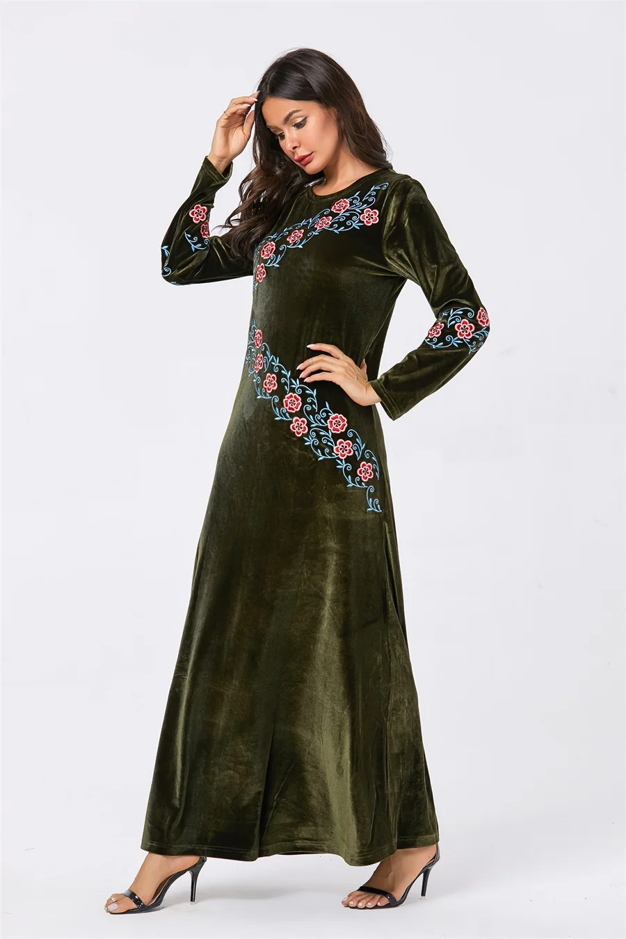 Siskakia элегантное мусульманское длинное платье с вышивкой, бархатное платье с круглым вырезом и длинным рукавом, платья длиной до щиколотки, синее осеннее платье, женская одежда