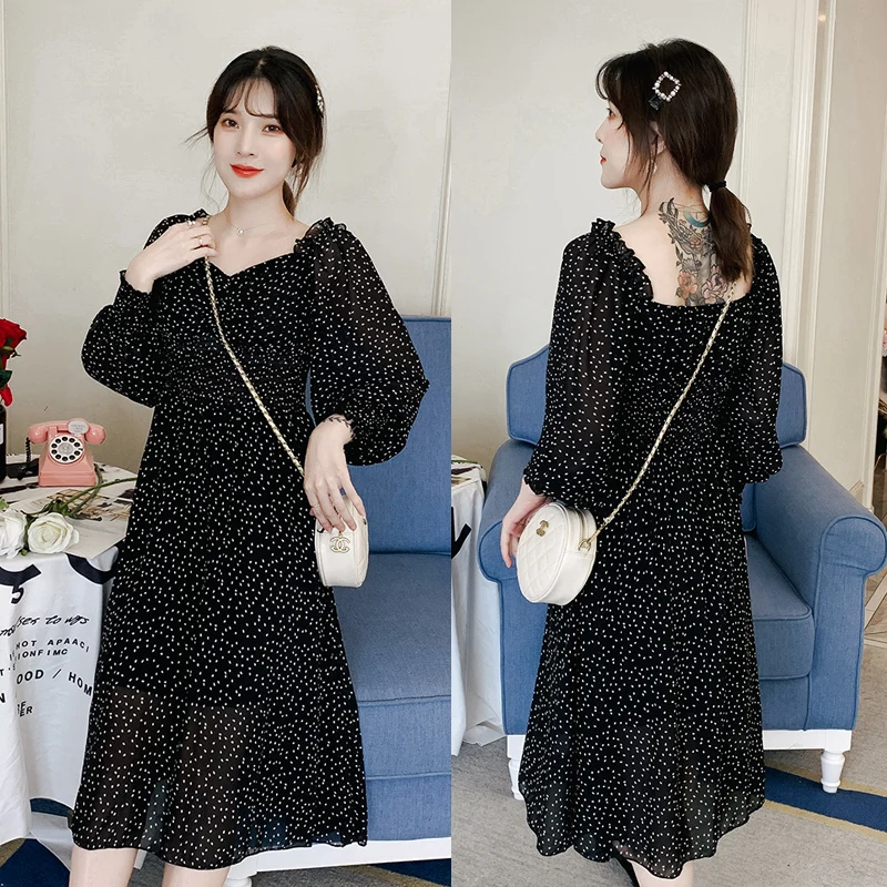 

Autumn Plus Dress for Women Big Lantern Sleeve Deep V Neck Lace Dot Midi Black Dress Hollow Out Back Party Street Wear Dress