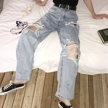 

2021 Women's High Waist Ripped Jeans New Women Hip Hop Loose Jeans Pants Vintage Torn Trousers Female Streetwear Plus Size 5XL