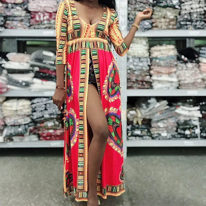 Женское новое летнее богемное стильное Африканское Платье с принтом тотема винтажное пикантное платье с разрезом для женщин одежда Дашики с низким вырезом - Цвет: Color2