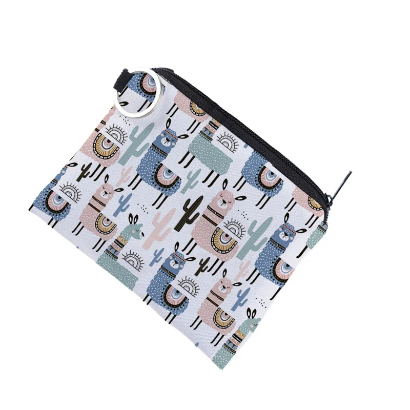 1 Pcs Unisex Cartoon Alpaca Printing Coin Purse Waterproof Small Zipper Purse Card Key Pouch Mini Square Wallet For Gift