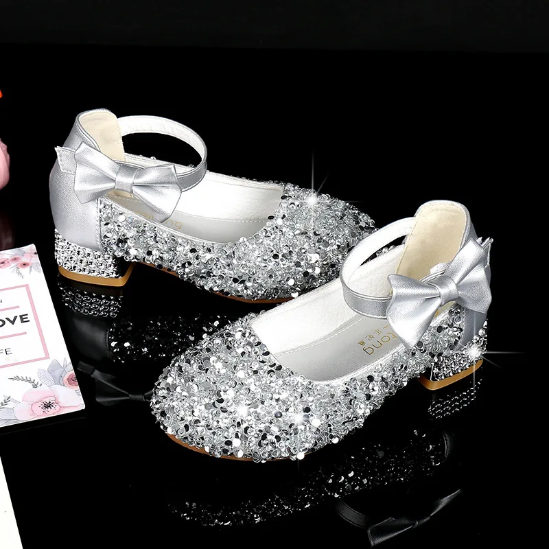 ULKNN Girls Princess Shoes Kids Crystal Leather Shoes 2021 Spring New Children's Single High Heel Shoes Bow-knot Silver 26-38 girls shoes