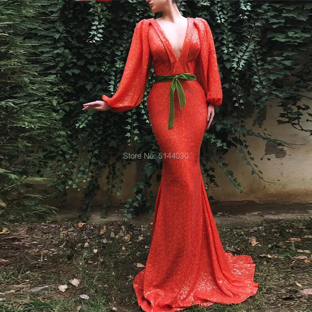 

2019 Red Sequin Mermaid Muslim Evening Dresses Deep V-Neck Full Sleeves Long Evening Dresses Belt robe de soiree