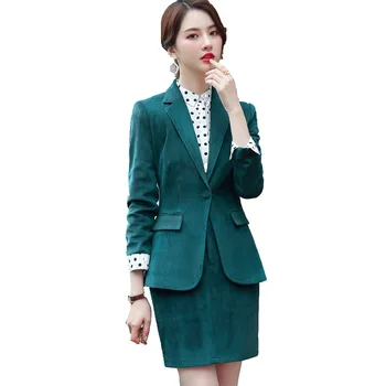 

Suit Women's Business Skirt Suit 2019 Winter Warm Corduroy Business 2 Piece Set Blazer Skirt Work Wear Woman Clothes 80371