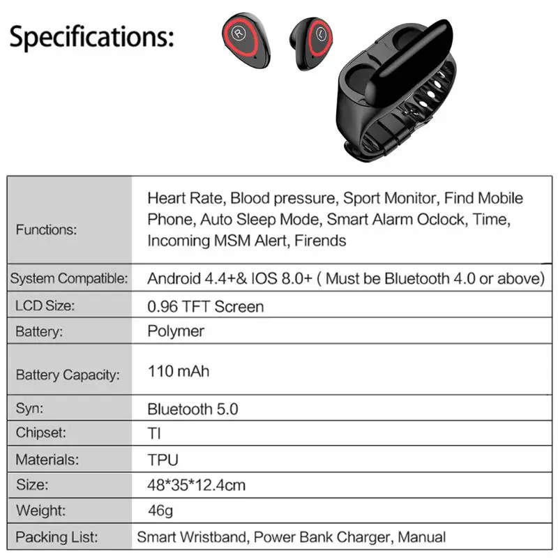 Смарт часы TWS Bluetooth 5,0 беспроводные наушники монитор сердечного ритма браслет спортивные часы браслет для мужчин и женщин