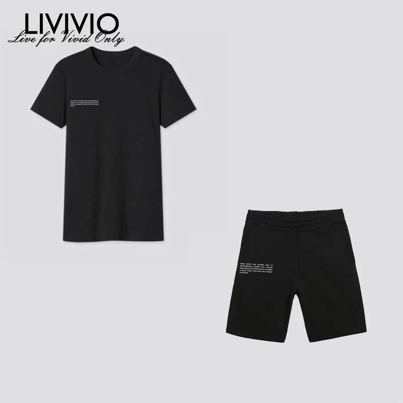 [LIVIVIO] Casual Letter Print Loose Sweat Suits Lounge Wear T Shirt And Shorts Two Piece Set Tracksuit Women Outfits Streetwear ladies loungewear