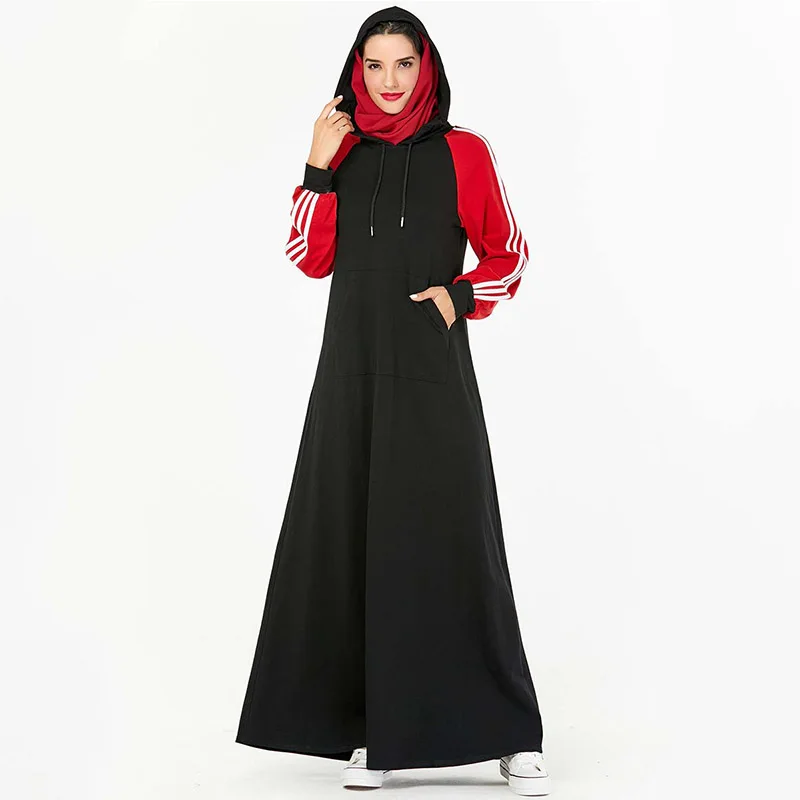 Middle Eastern fashion sweater hooded pocket stitching robes Arab dress Muslim long-sleeved multi-color slim slimming dress
