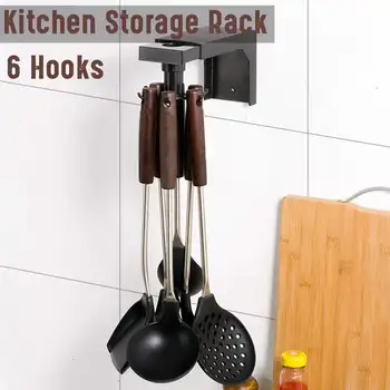 

High Quality Rotating Wall Mounted Kitchen Holder With 6 Hooks Strong Bearing Storage Saving Space Kitchen Railing Hanging Rack