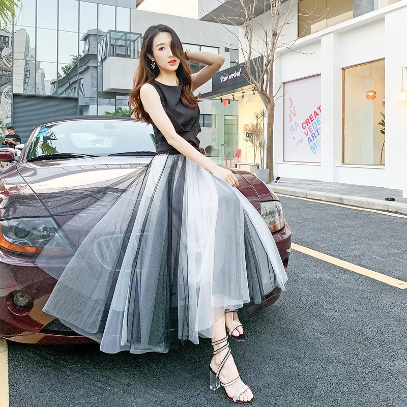 

Contract Color Cute Bow Women Mesh Skirt Tulle Tutu Ladies Elegant High Waist Ankle-Length Pleated Skirt Female Party Skirt Jupe