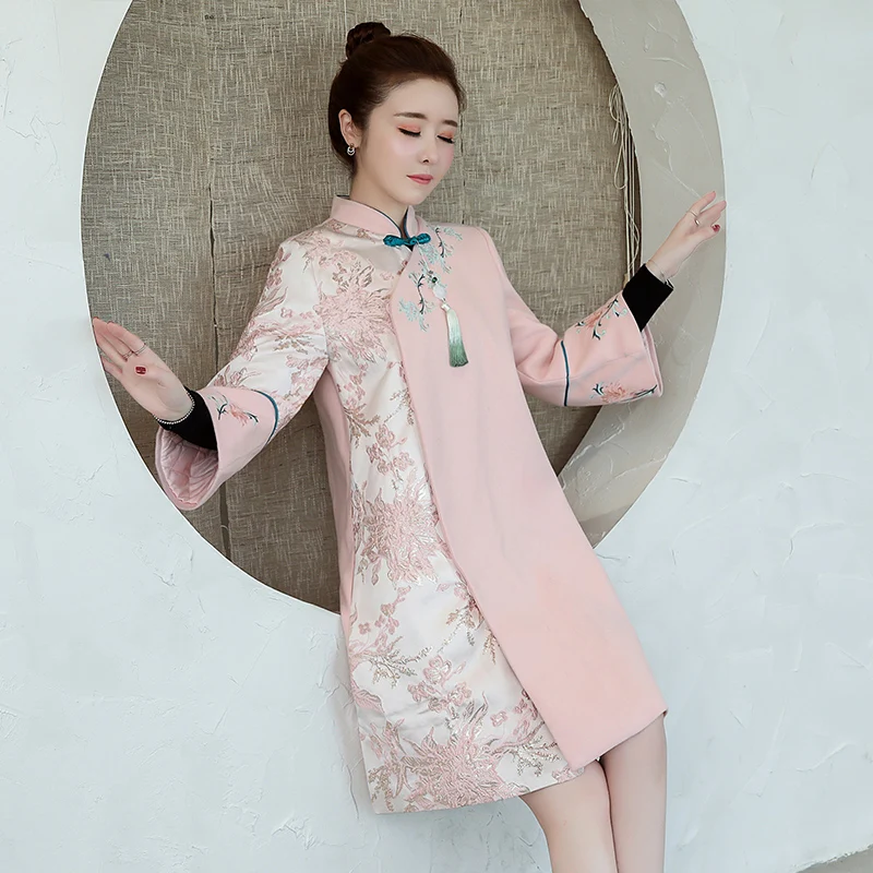 Винтажное женское китайское платье с длинным рукавом morden qipao элегантное шерстяное платье с цветочной вышивкой плотное теплое платье Чонсам плюс - Цвет: color8