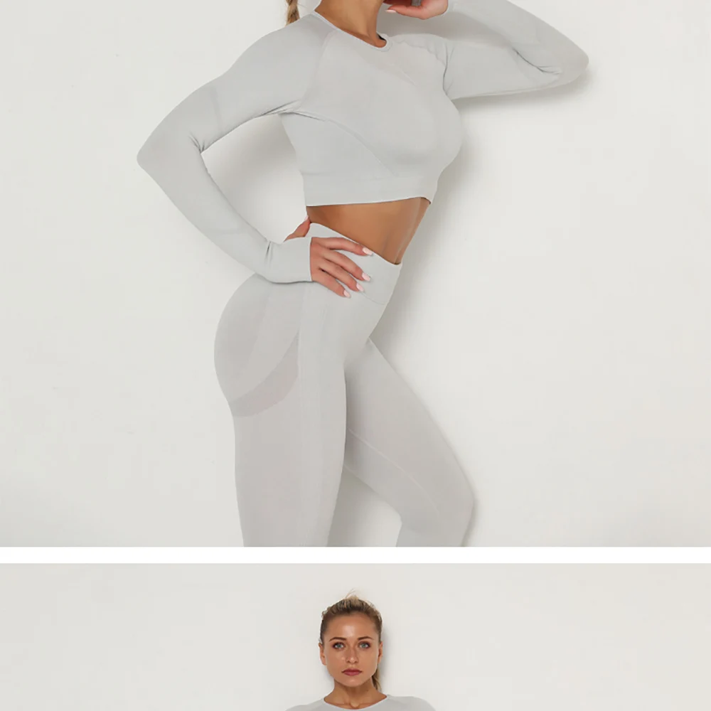 跨境欧美-无缝瑜伽服套装吸汗提臀-高腰健身裤女紧身长袖运动套装-阿里巴巴_14