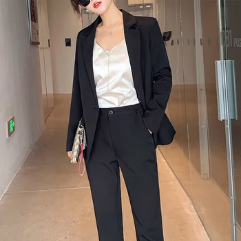 

2019 Spring Autumn New Women's Long Sleeve Blazer Suits Single Button Tops Pants Suits Formal Notched Elegance Plus Size 5XL