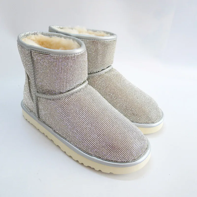

Winter Genuine Leather Boots Women Fashion Xmas Gift Bling Rhinestone Diamond Snow Ankle for