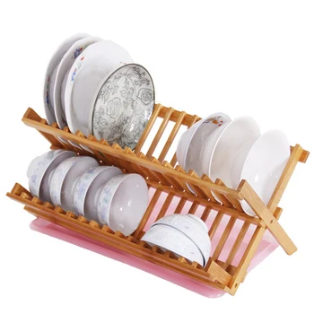 

Creative Simple Storage Racks Bamboo Foldable Dishes Drainer Plates Mugs Rack 2-Tier Folding Stand Holder Kitchen Supplies FPI