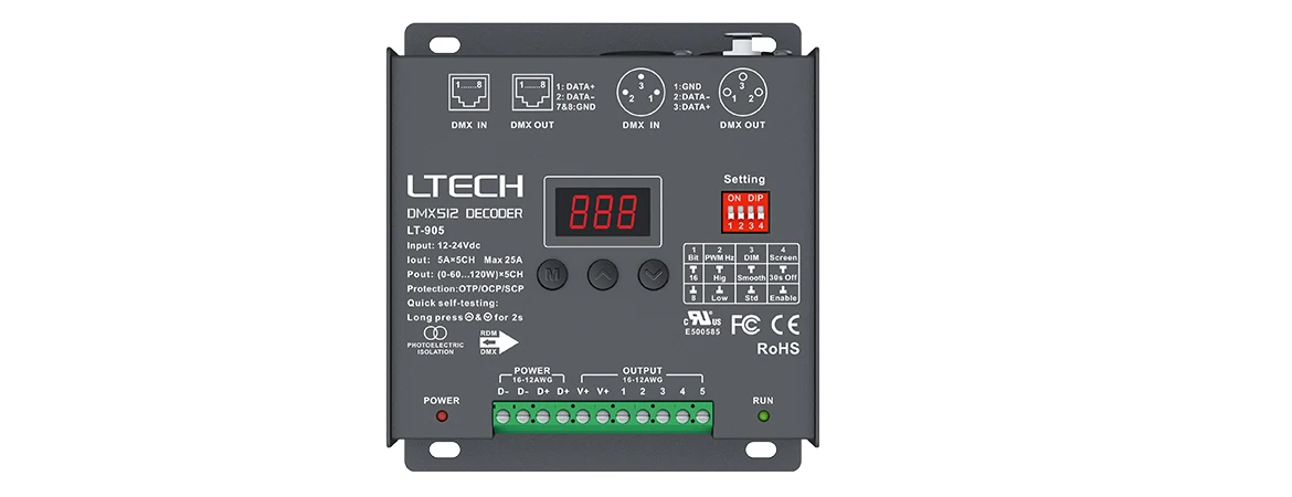 LT-905/LT-905-OLED контроллер dmx декодера; DC12-24V вход; 5A* 5CH outputRGB/RGBW+ CCT декодер XLR-3/RJ45