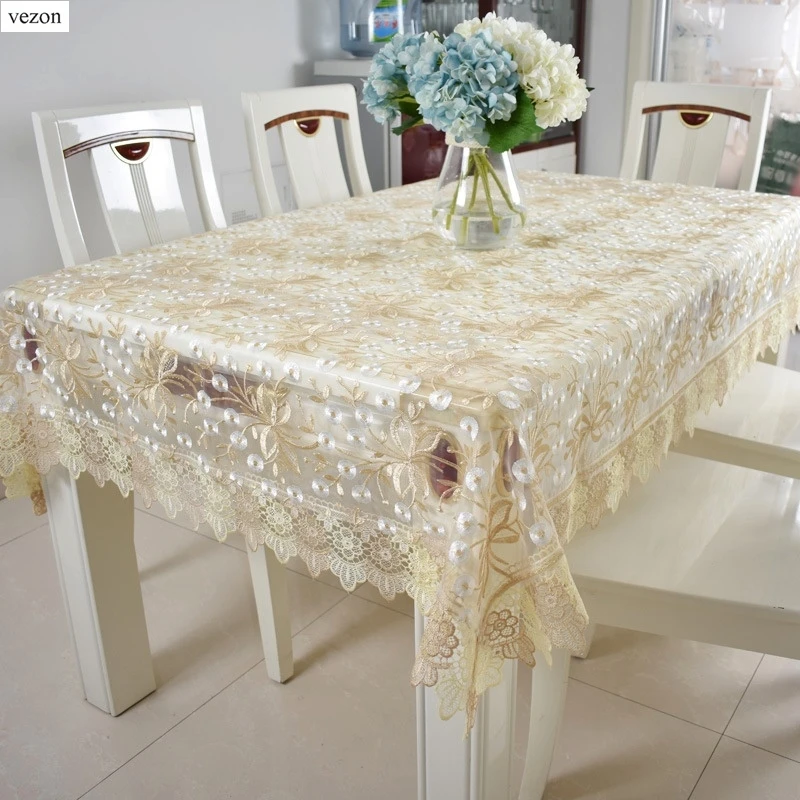 

vezon New Elegant Europe Polyester Sheer Lace Tablecloth Wedding Home Organza Lace Table Linen Cloth Textile Decoration Towels