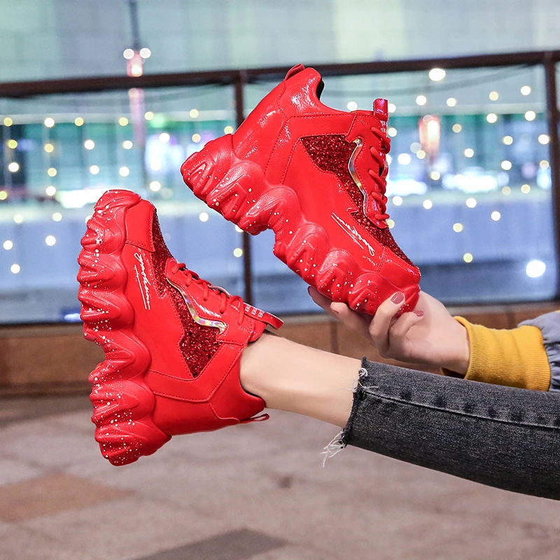 

Designers Platform Sneakers Red Fashion Chunky Wedges Shoes For Women Tenis Female 10cm Height Increasing Leather Casual Shoes